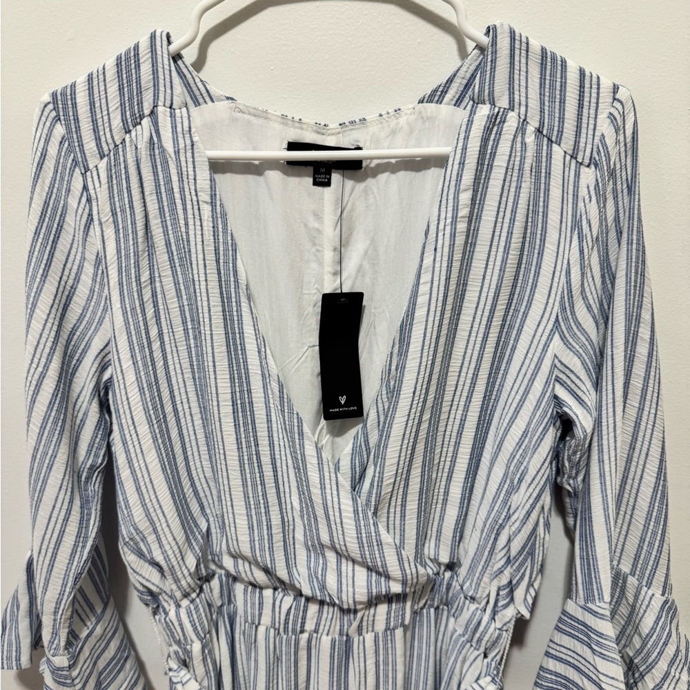 Lulus Blue and White Striped Wrap Dress with Bell Sleeves - Picture 6 of 7